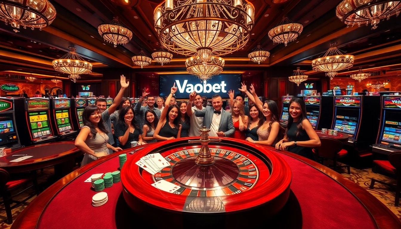 Players celebrating a win at Vaobet casino tables with colorful chips and vibrant slot machines.