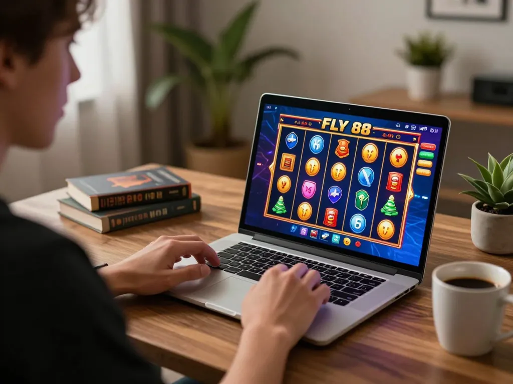 Player enjoying the FLY 88 slot game on a cozy laptop setup at home, showcasing responsible gambling.