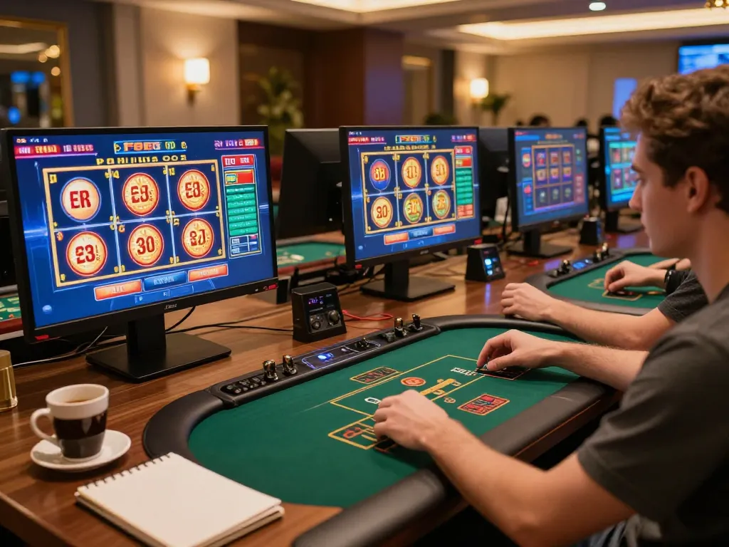 Player engaging with F8bet casino games on a sleek multiple screen setup, showcasing strategic gameplay.