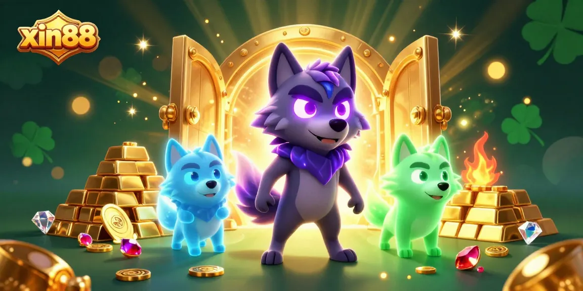 Engage in casino excitement with xin88's stunning 3D digital illustration featuring ghostly wolves and treasure.