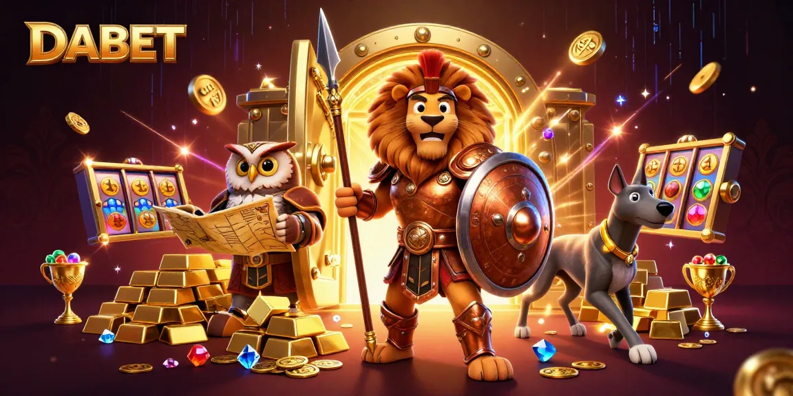 DABET showcases a lively casino scene with vibrant characters amidst gold and jewels.