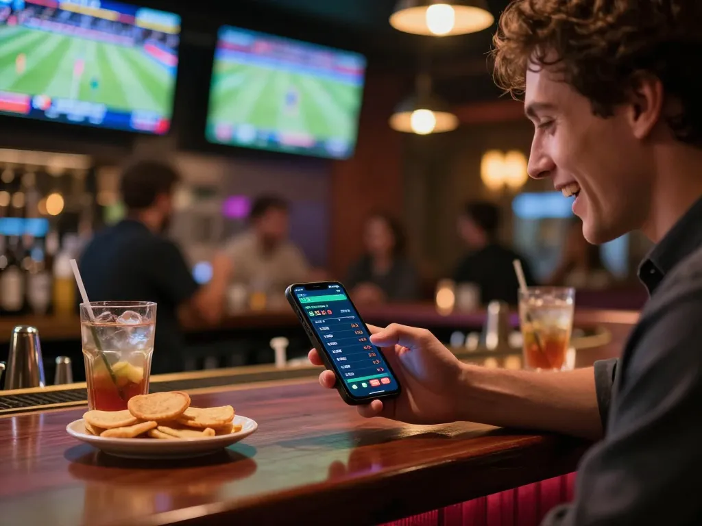 Person engaged in live betting through the 88aa mvp app at a stylish sports bar.