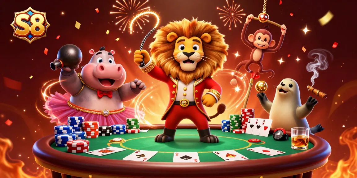 Experience thrilling action at S8 with cartoon characters celebrating casino wins in a vibrant atmosphere.