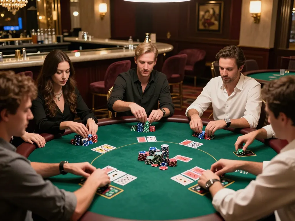 KJC members engage in an exciting poker game, showcasing dynamic gameplay in an upscale casino setting.