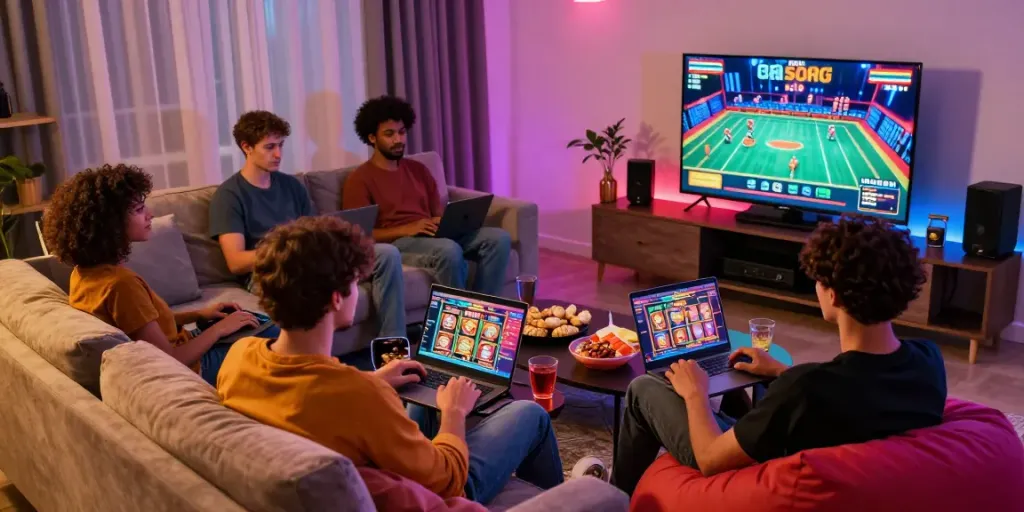 Players enjoying non GamStop casinos in a vibrant home setup, featuring slot games, cozy seating, and colorful lighting.