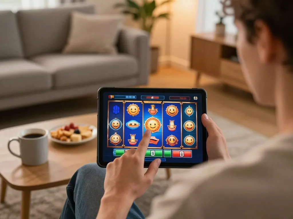 Engaging in online slots at home with https://xo88.farm/ open on the tablet, showcasing modern gaming.