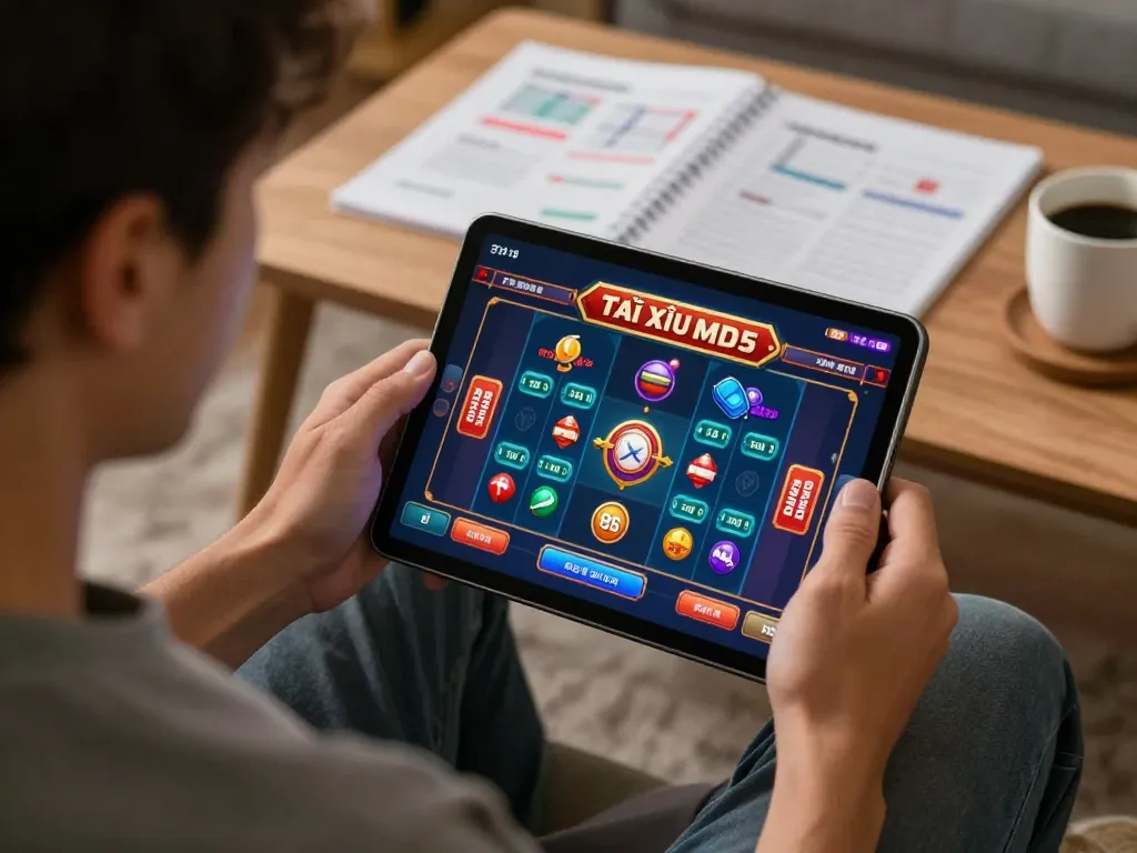 Engaging gameplay of Tài Xỉu MD5 displayed on a tablet in a cozy home setting, highlighting responsible gambling.