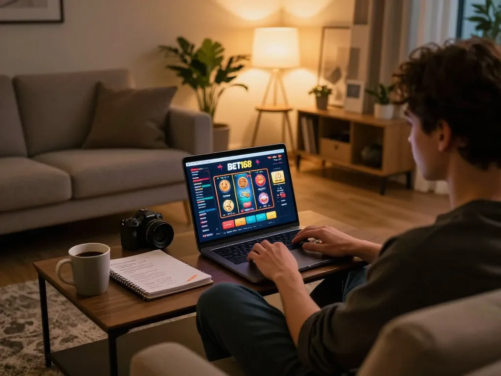 Engaged player using BET168 app on laptop, surrounded by cozy home decor and gambling strategy notes.
