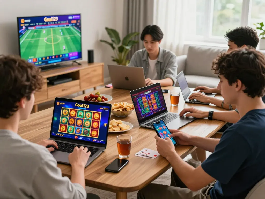 Dynamic online gaming atmosphere with players on trang chủ Goal123 enjoying diverse games in a lively setting.