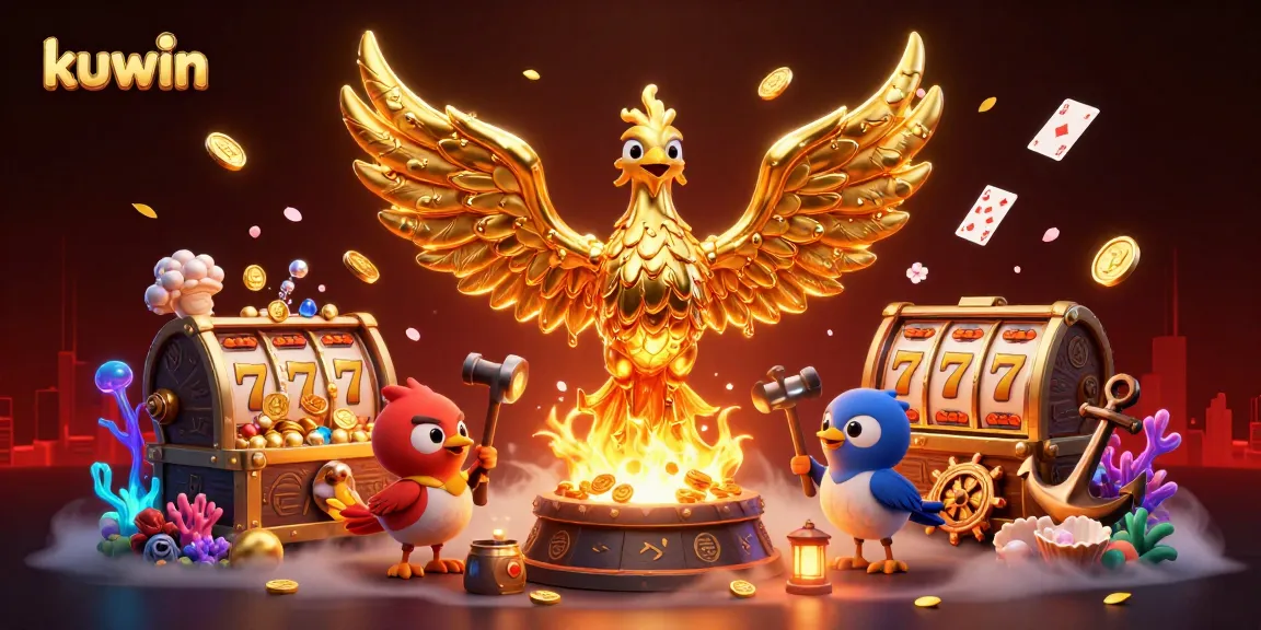 Experience the excitement of kuwin as the golden phoenix emerges with coins, jackpots, and vibrant casino elements.