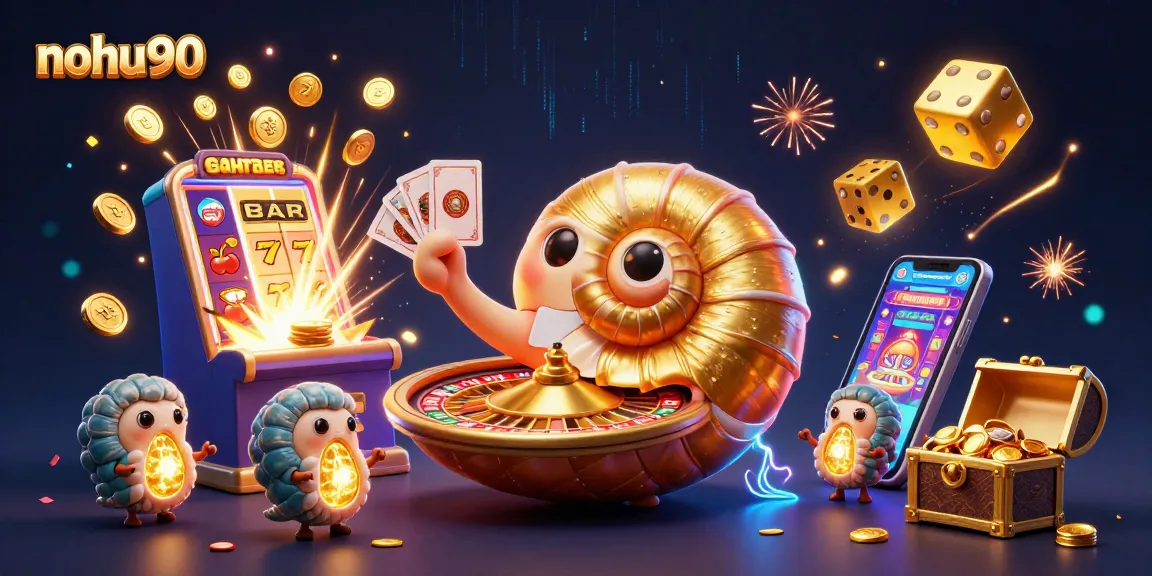 Nohu90 players engage with 3D slot machines and a giant nautilus roulette wheel for thrilling casino action.