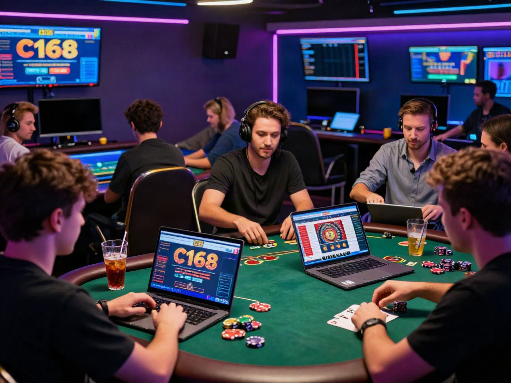 C168 online gambling scene with players enjoying casino games in a vibrant environment.