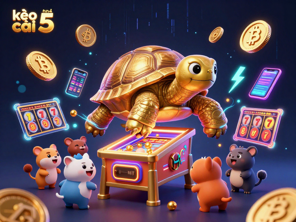 Engage with kèo nhà cái 5 through an exciting illustration featuring a golden tortoise and vibrant casino elements.