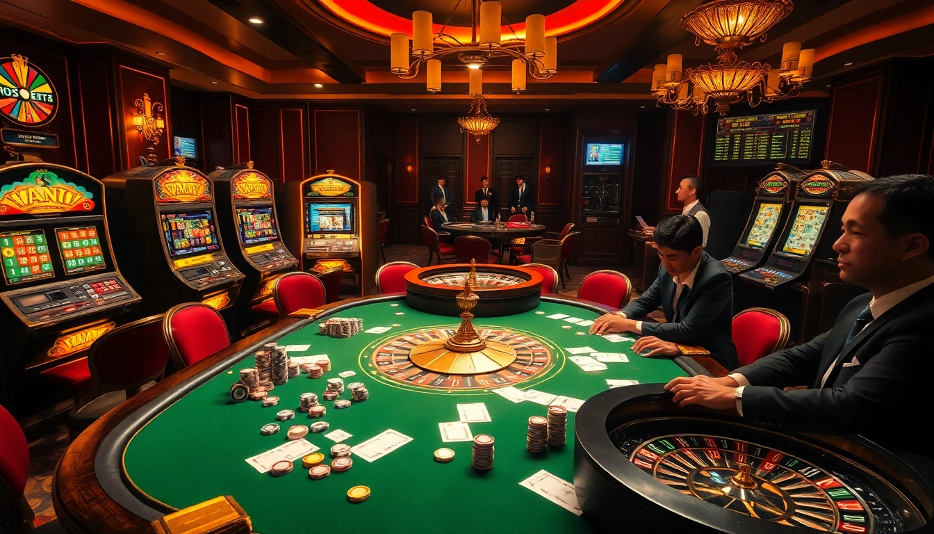 Excited players at a luxurious nohu90 poker table, surrounded by vibrant slot machines and roulette.