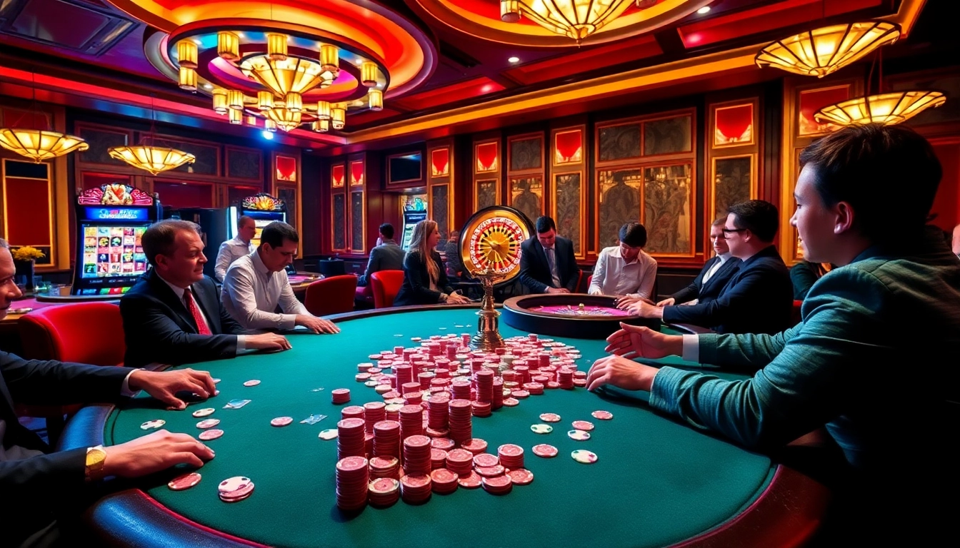 Hitclub players enjoying a thrilling poker game with vibrant chips and cards in a luxurious casino.