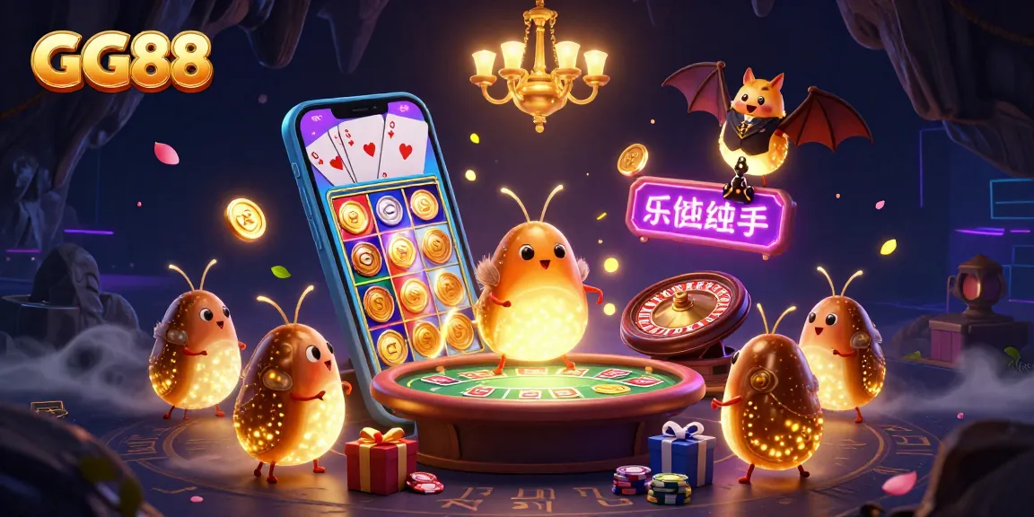 Experience GG88's vibrant cave casino with glowworms and a bat dealer in this action-packed scene.