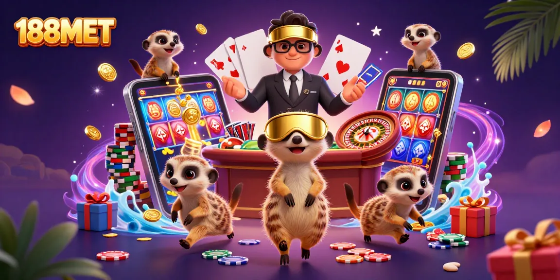 Experience the excitement of 188M BET with animated meerkats in a vibrant casino setting.