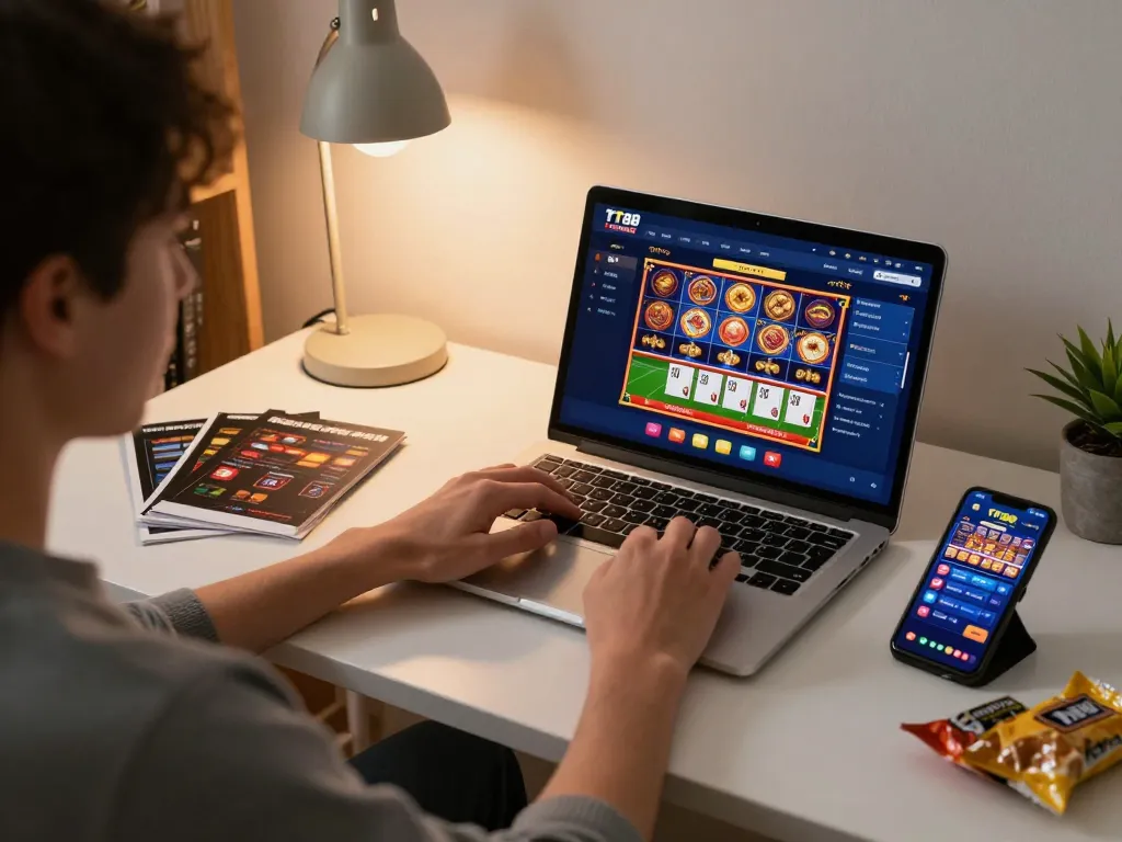 Engaging in TT88 ONLINE gaming at home with laptop and mobile app, showcasing a strategic gambling environment.