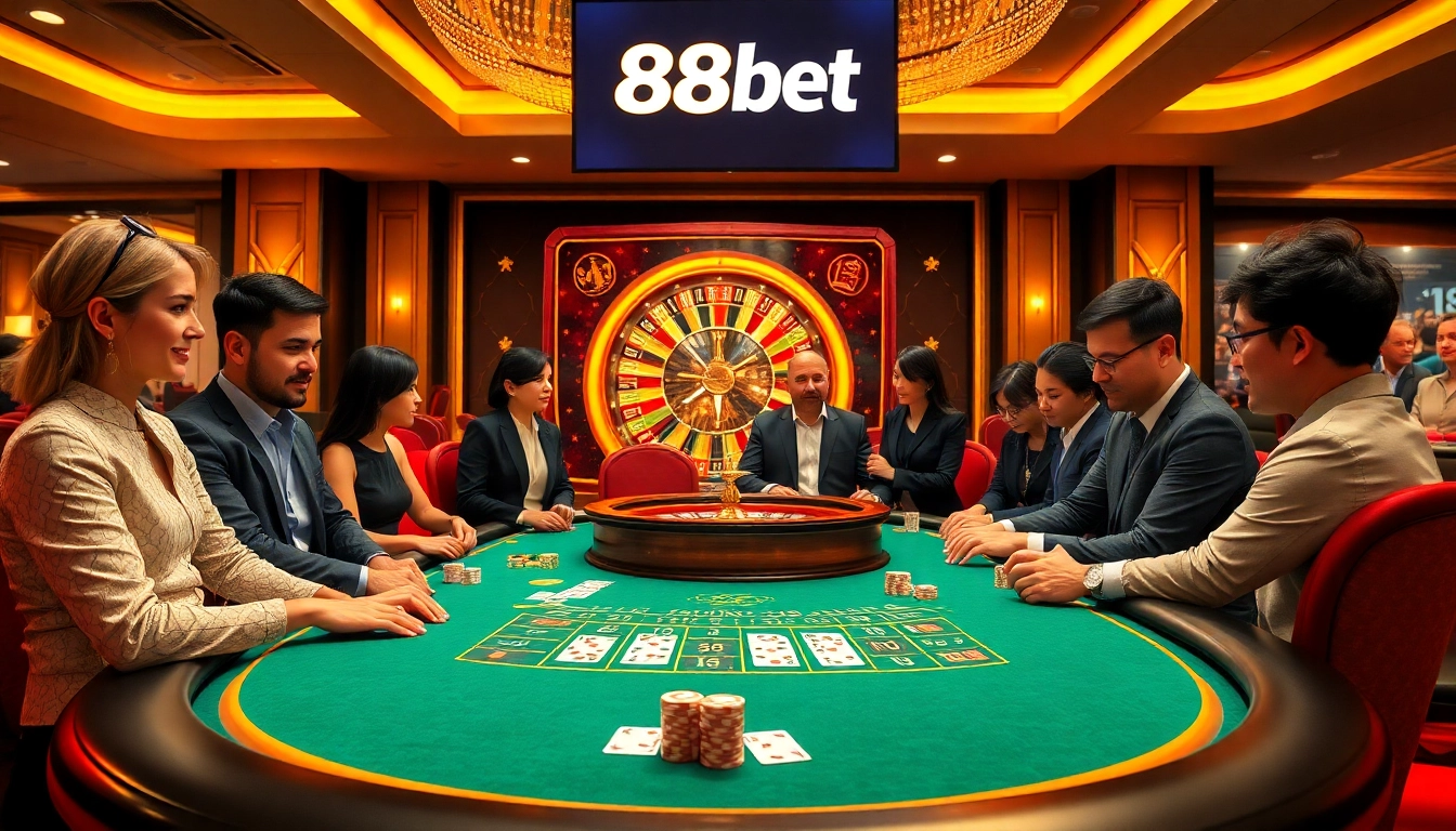 Engaged players enjoying a high-stakes game at 88bet casino table, featuring cards and chips.