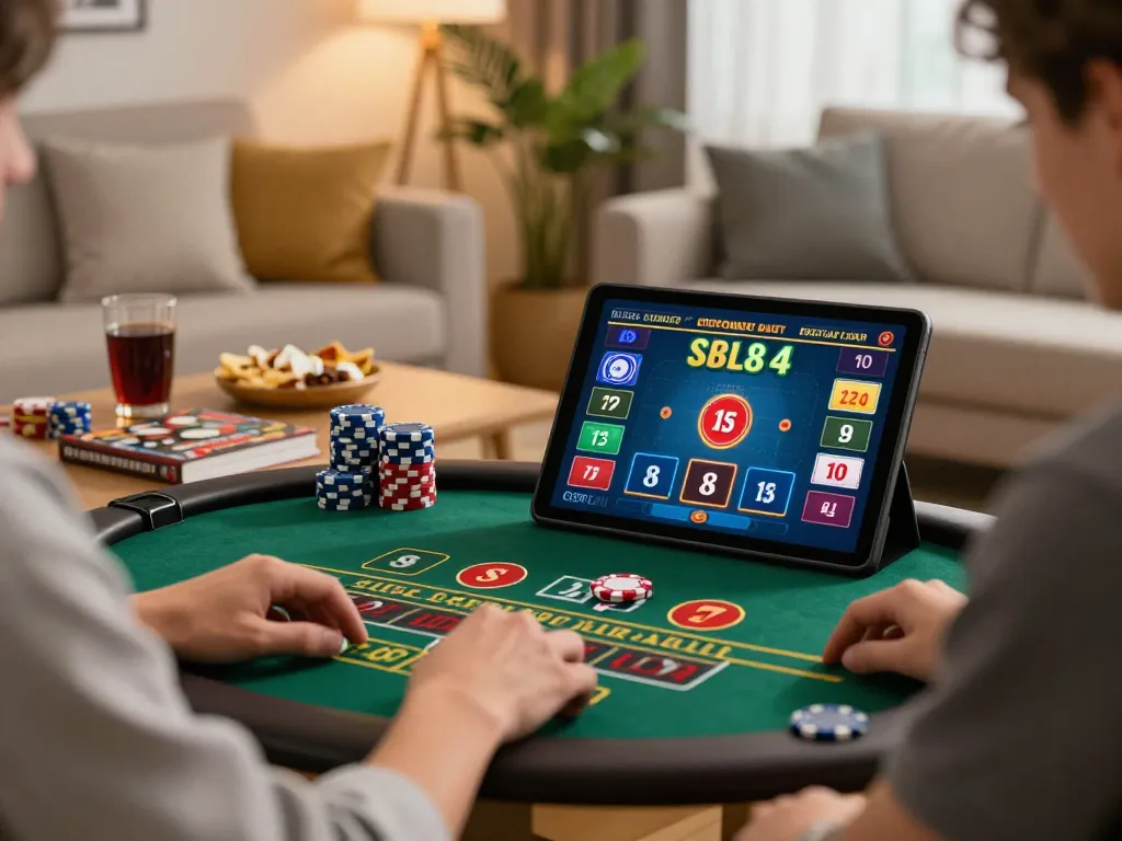 xx88 online baccarat gameplay in a cozy home setting, tablet showcasing winning hands and strategies.