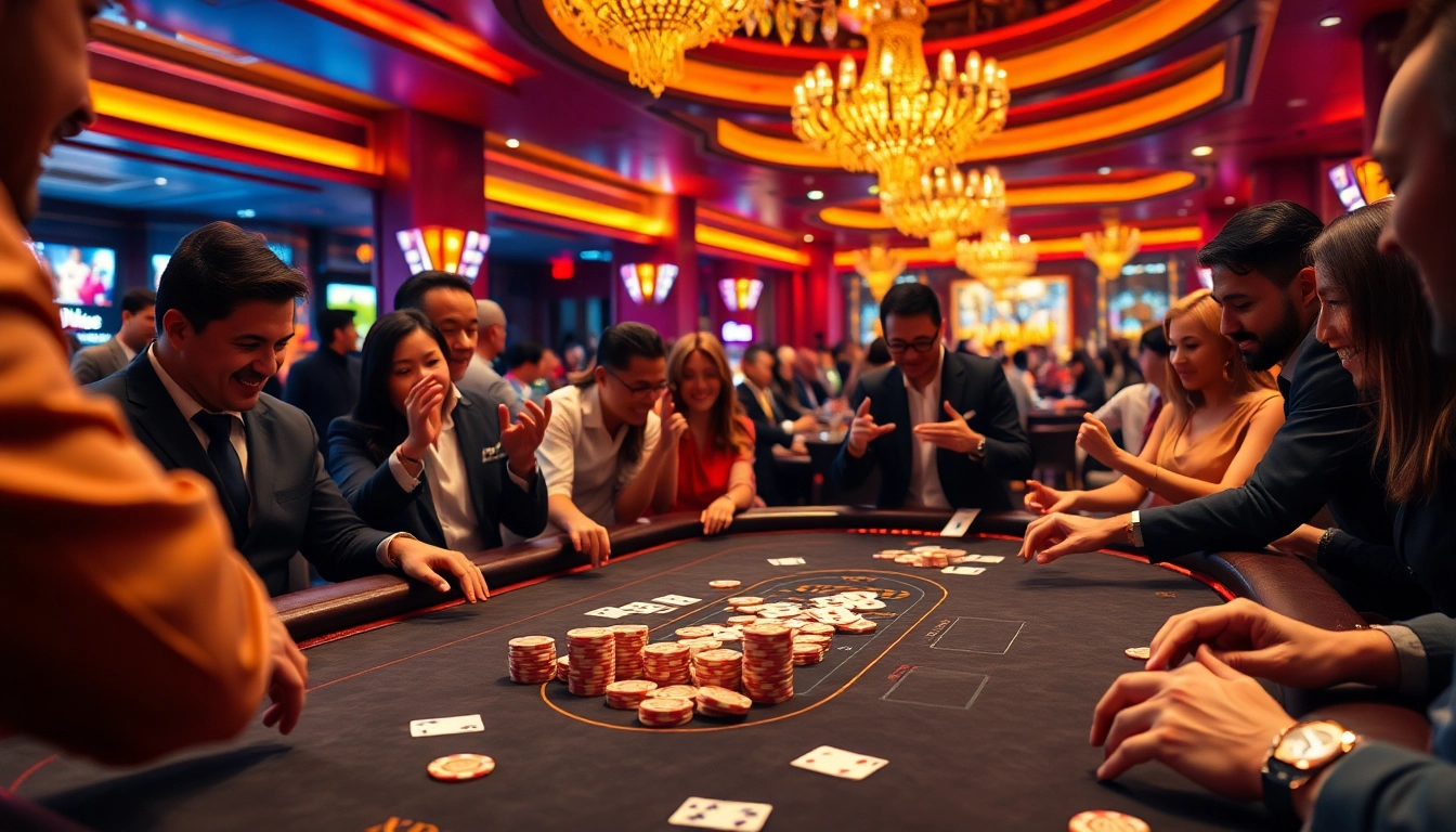 Players enjoying a thrilling game at the KP88 casino table, surrounded by vibrant poker chips and cards.