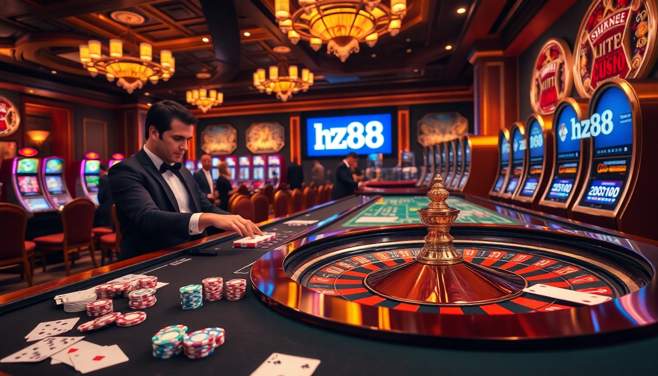 Gambling enthusiasts enjoy fast-paced action at the hz88 roulette table in a luxurious casino setting.
