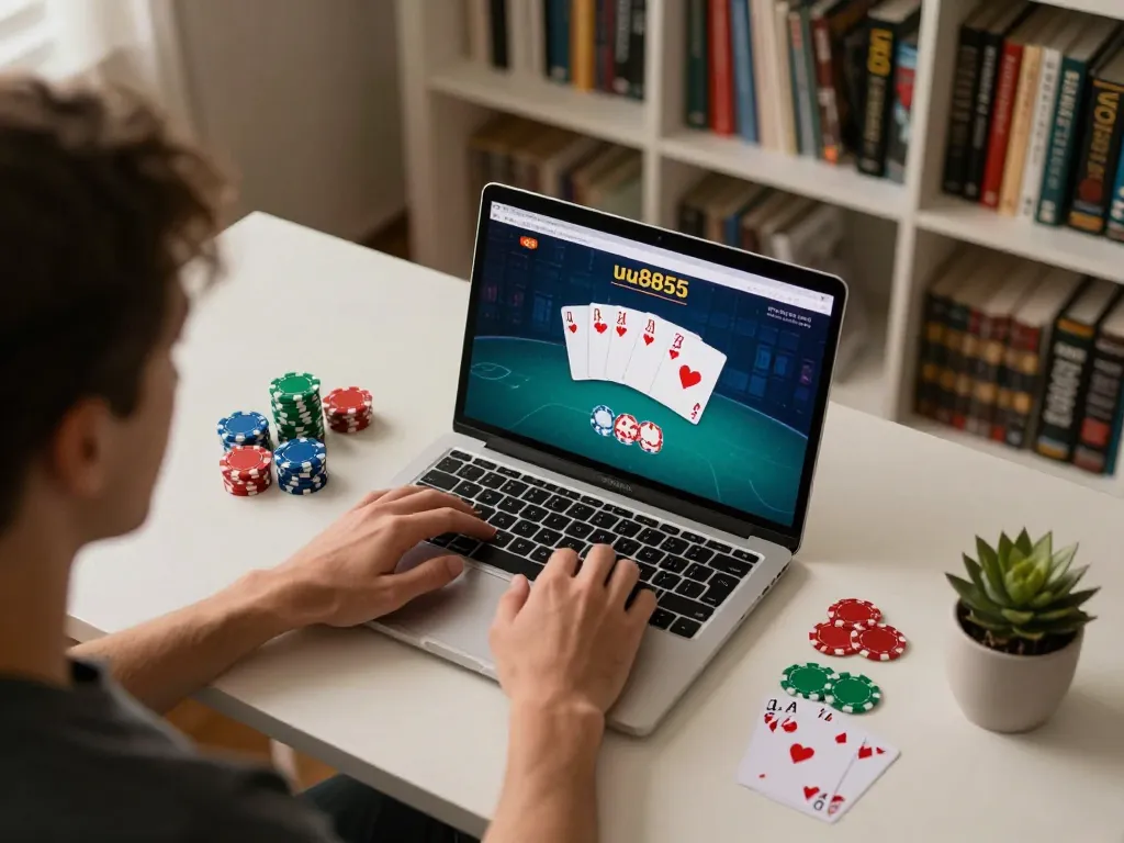 Player engaged in online poker on uu8855 with cards displayed on screen, showcasing a strategic gaming moment