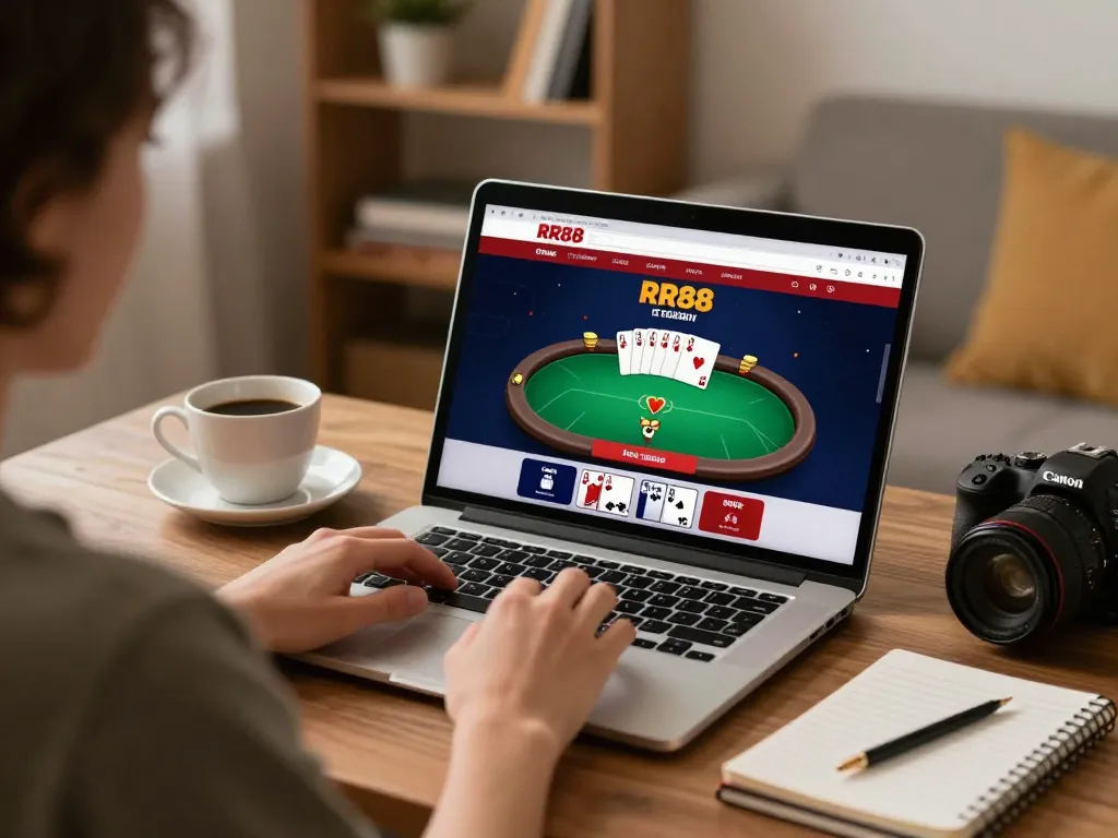 Player engages in RR88 online poker strategy at home, highlighting a cozy and responsible gambling environment.
