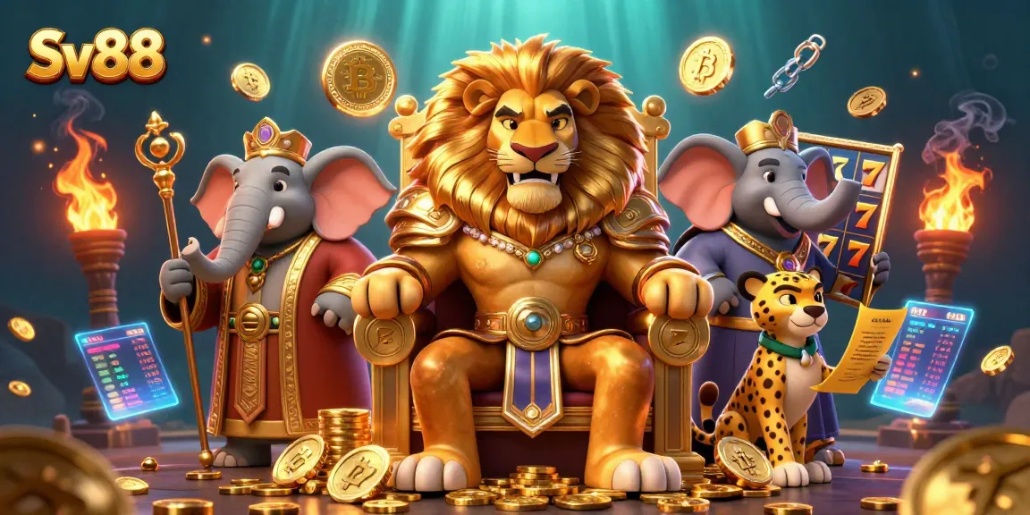 Engage with Sv88's stunning slot gaming world featuring a lion king, elephant advisor, and cheetah messenger.
