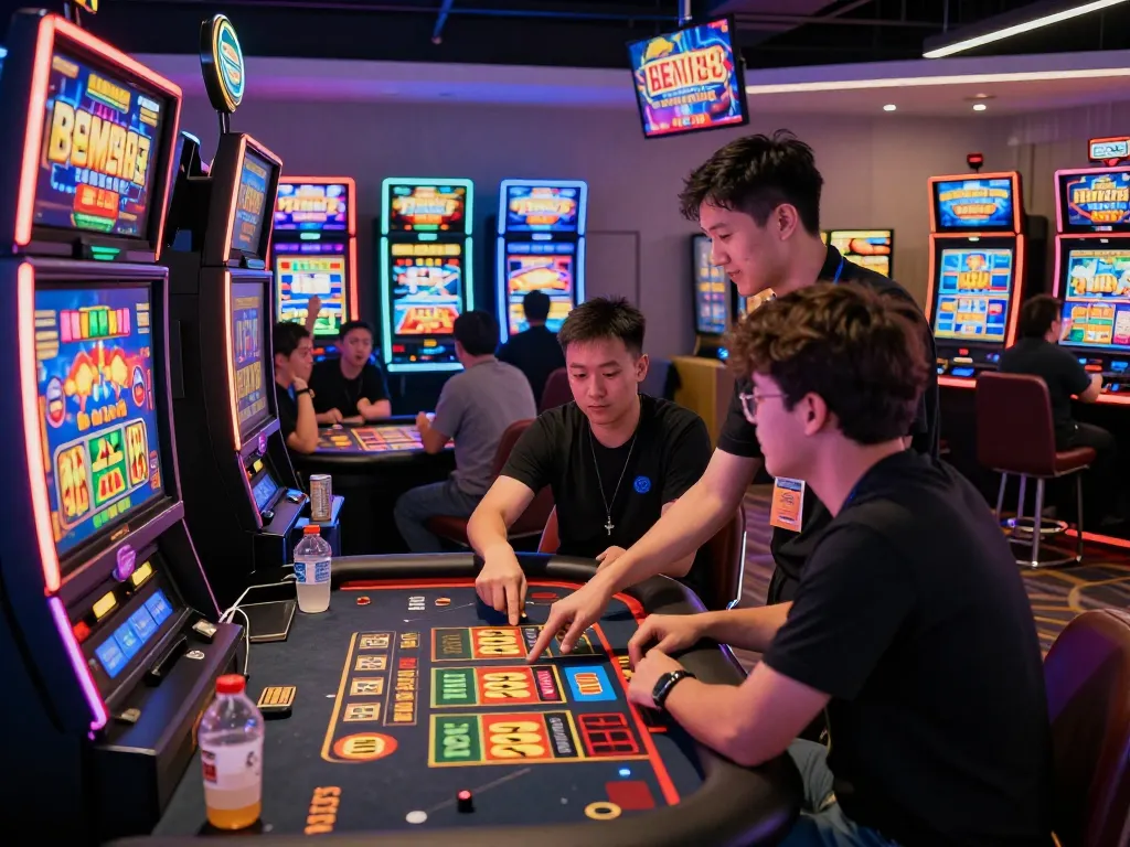 Exciting gaming atmosphere at BEM88 online casino featuring enthusiastic players, vibrant slot machines, and live dealer interactions.