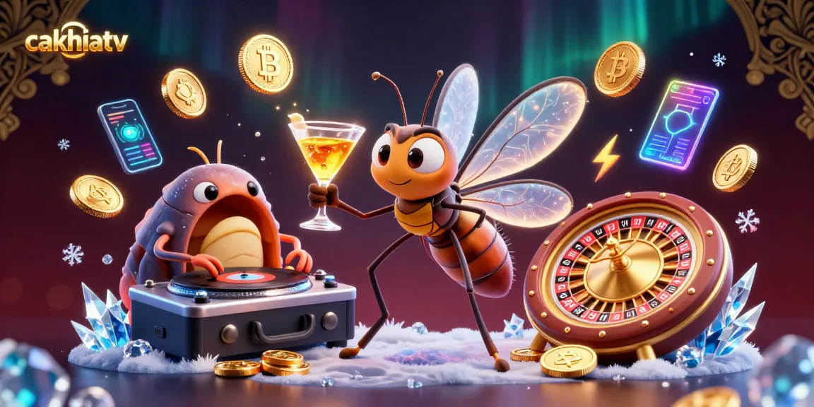 Cakhiatv offers a vibrant gaming experience showcasing a casino mascot, DJ, and roulette wheel amidst rich crypto-themed elements.