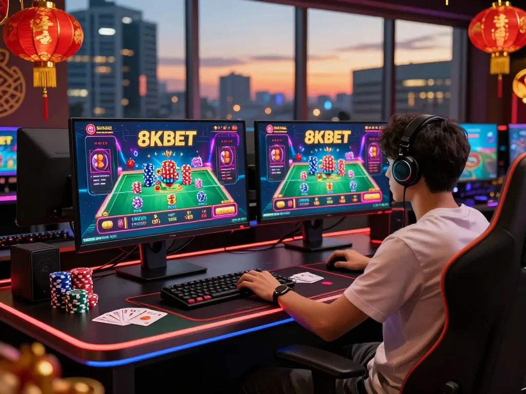 Luxurious gaming setup for 8kbet with dual monitors and festive decorations