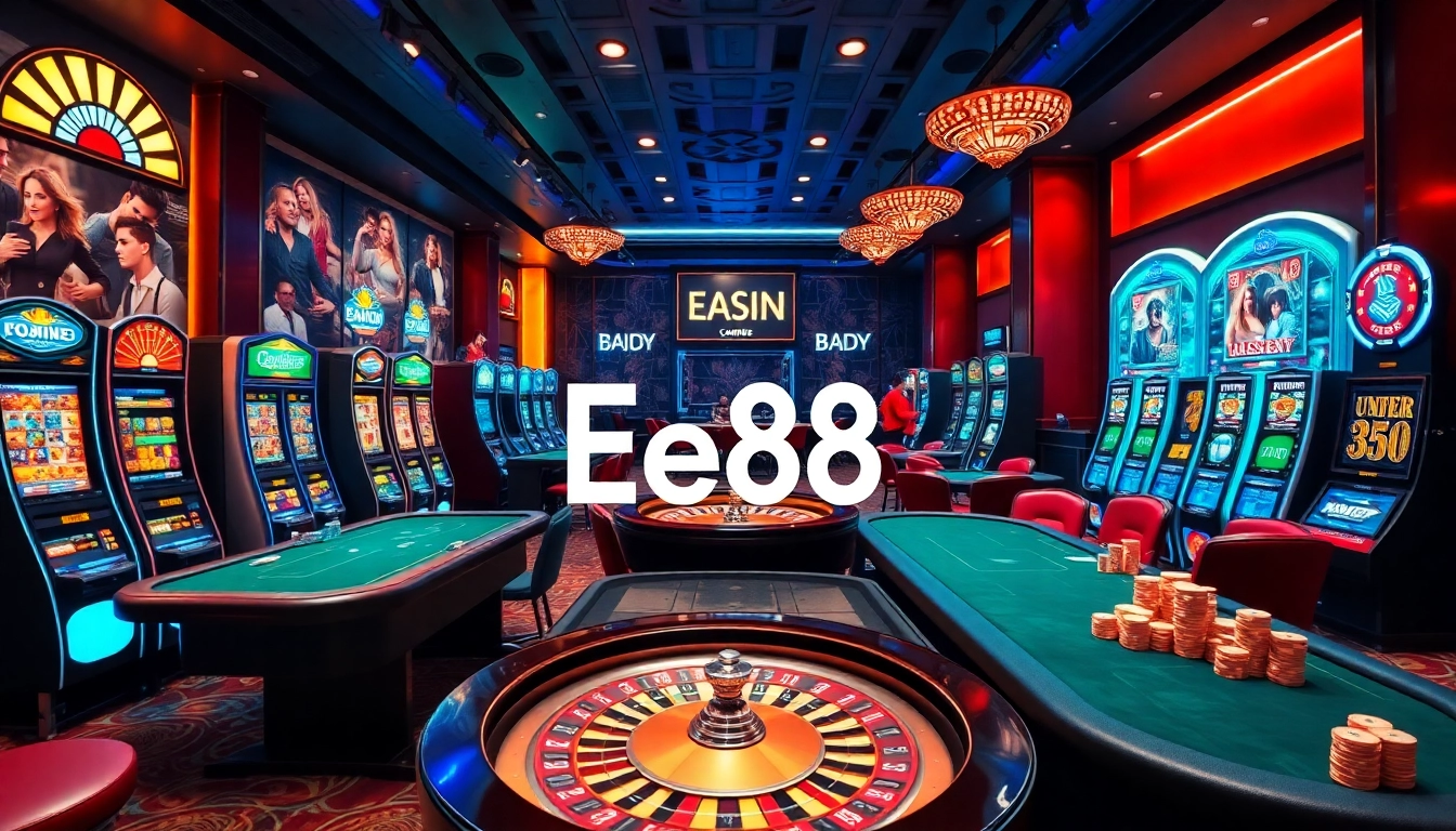 Experience the excitement of gambling with Ee88's vibrant casino scene filled with poker tables and slot machines.