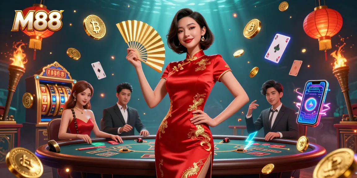 Experience the excitement of M88 with vibrant casino elements and stunning visuals, combining gold coins and crypto.