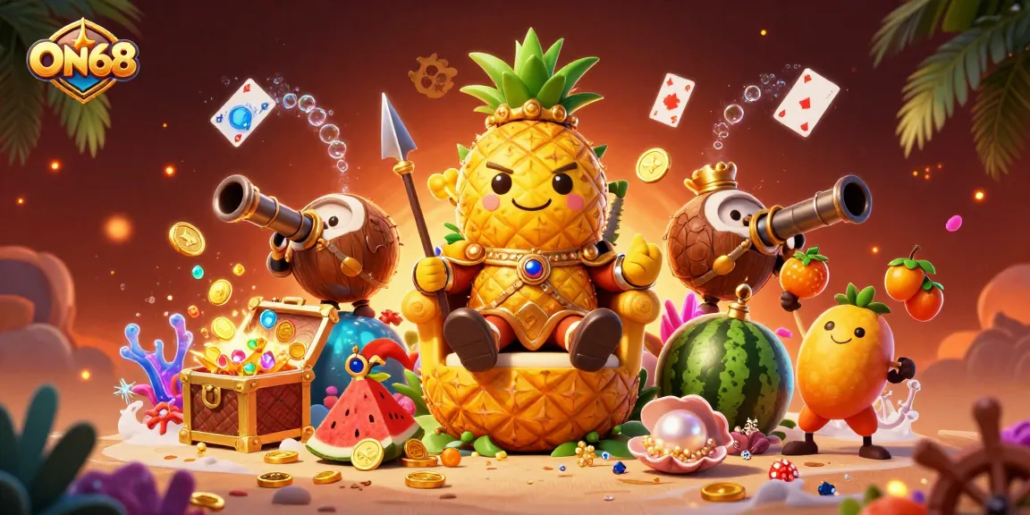 Experience thrill and fun at ON68 with a vibrant 3D illustration of a beach casino scene packed with lively characters and treasure.