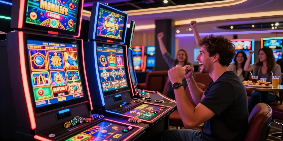 Exciting win at non uk casinos not on gamstop with players celebrating in vibrant gaming lounge.