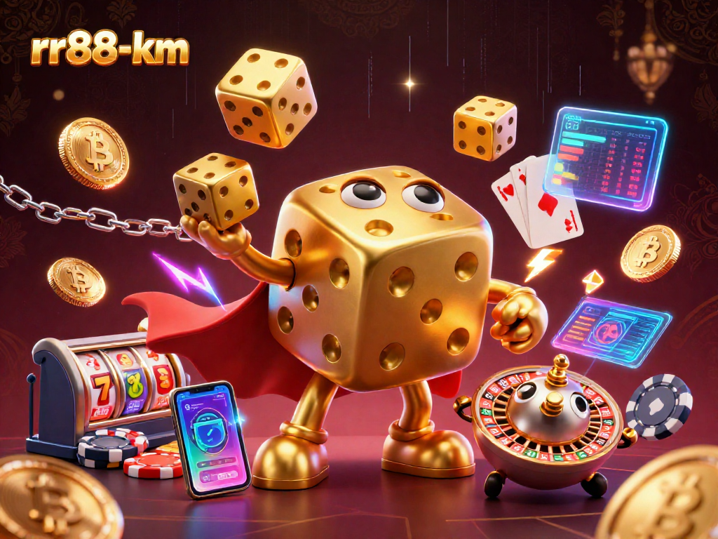 Engage in thrilling gaming experiences with rr88-km’s vibrant 3D animated casino scene featuring golden dice and cryptocurrencies.