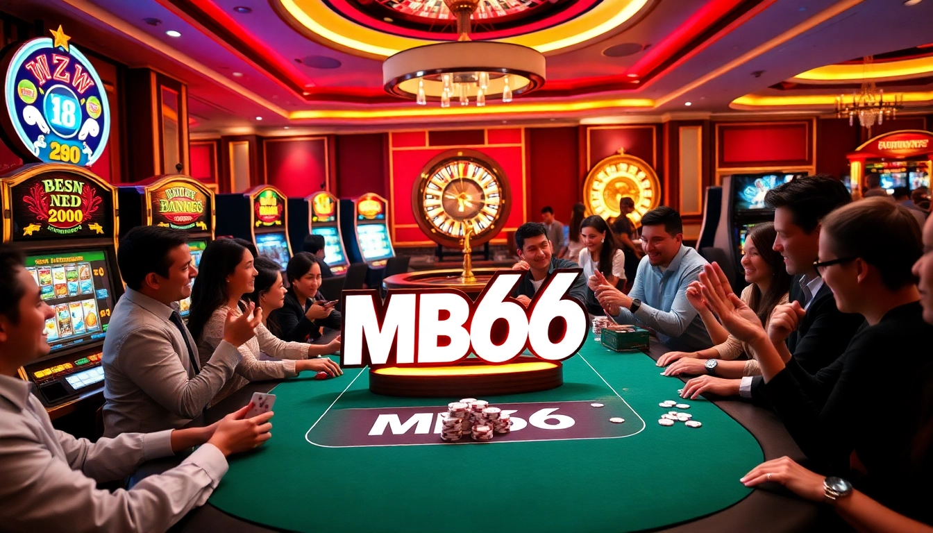 Gambling excitement at MB66 casino with players at the poker table and vibrant slot machines.