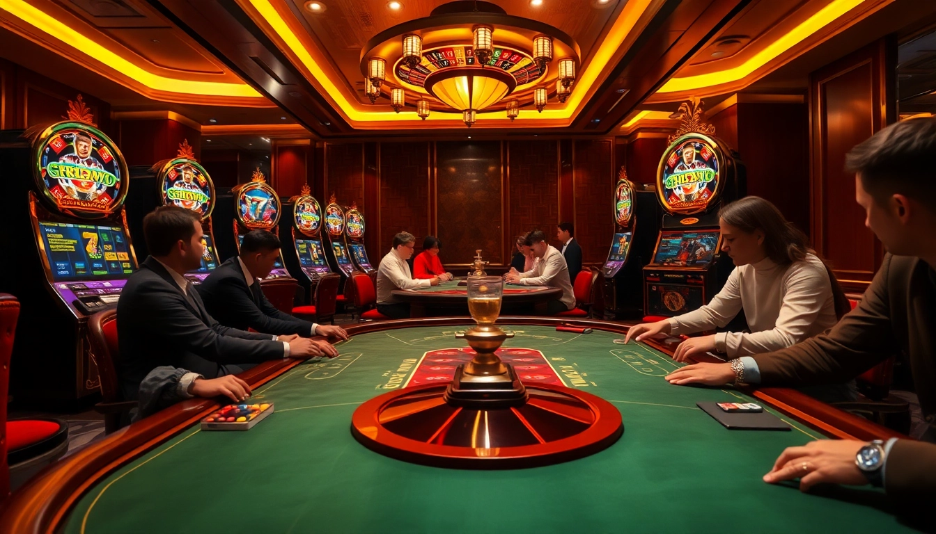 Players enjoying a thrilling poker game at Sumclub's luxurious casino, featuring vibrant slot machines and roulette.