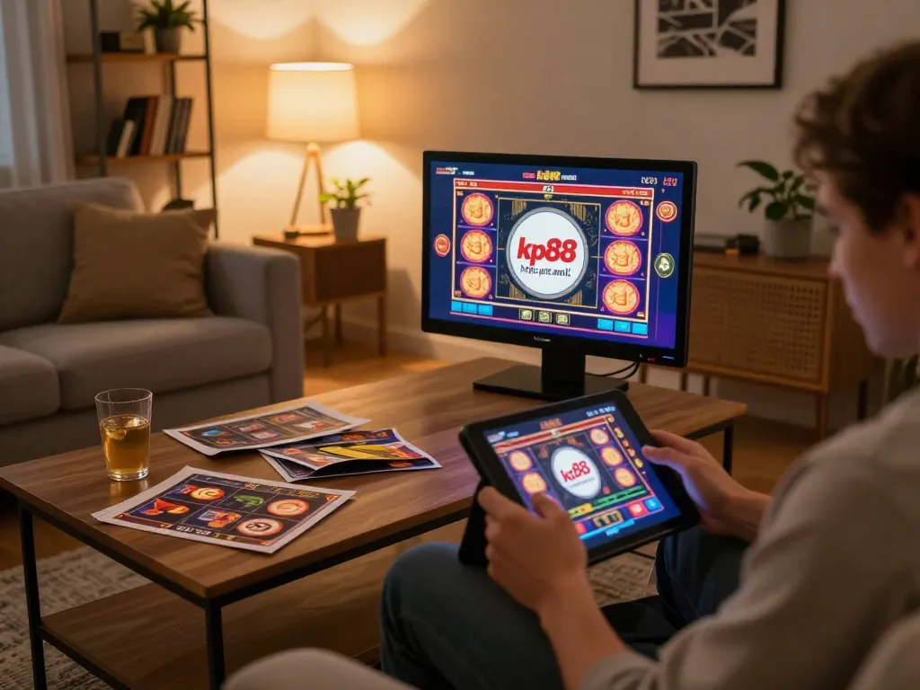 Engaging with https://kp88.email/ on a tablet in a cozy home setting while strategizing for casino games, highlighting responsible gambling.