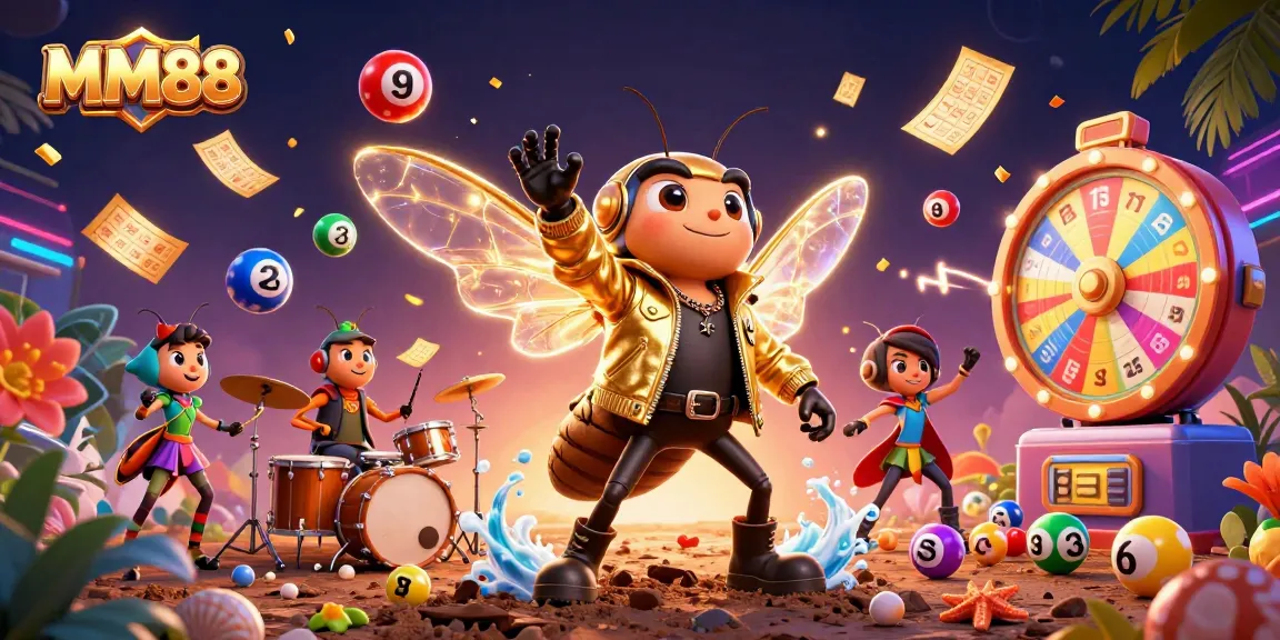 Engage with MM88's vibrant casino scene featuring a rock star cicada and lively gaming elements.