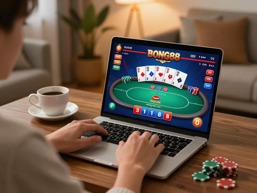 Bong88 online gaming session, player engaged in poker strategy on laptop in a cozy home setup.