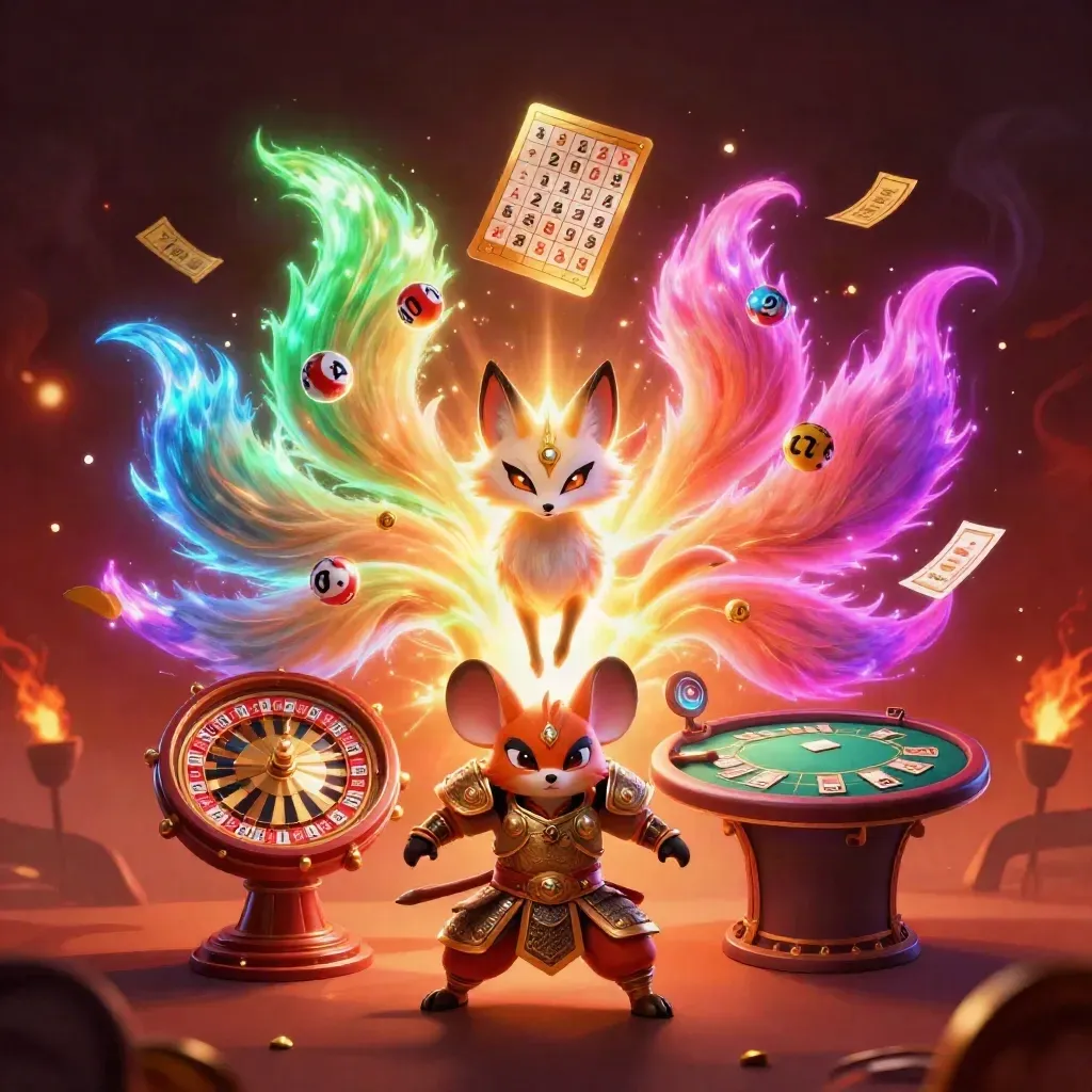 Nine-tailed neon fox spirit and golden mouse amid casino game symbols and treasure bursts.