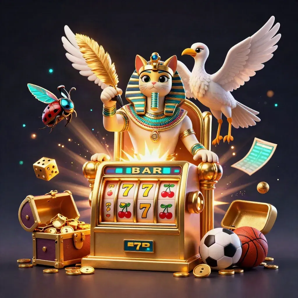 Pharaoh cat, ibis scribe and gem-wing scarabs amid jackpot slot bursts, gold dice and casino glow.