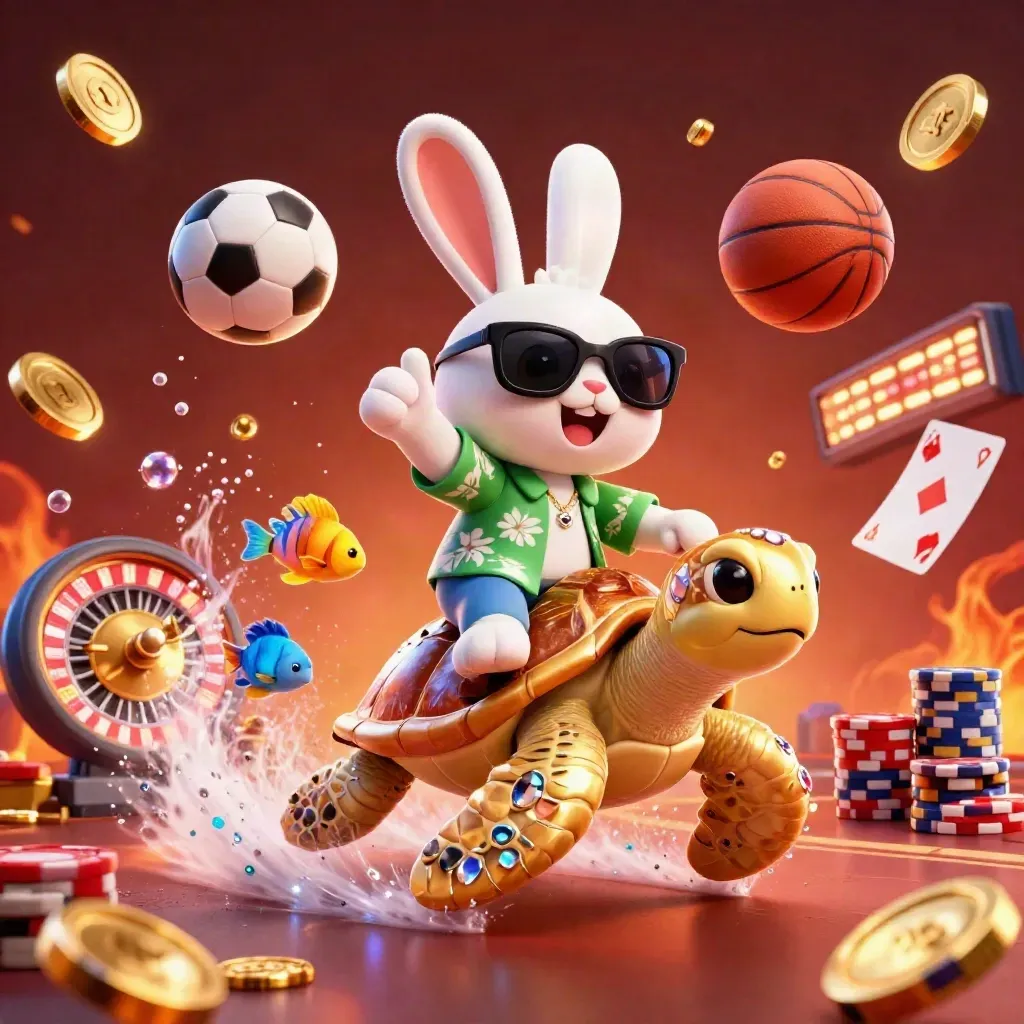 Lucky rabbit rides a gem-shell turtle amid coins, cards, chips and sports balls.