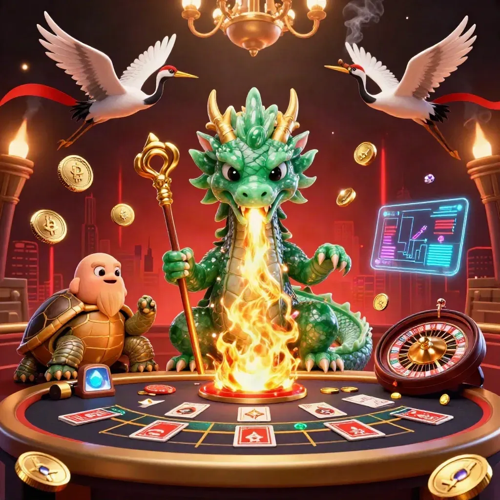 Emerald dragon, wise turtle, and cranes at a luxe casino table with golden fire and crypto coins