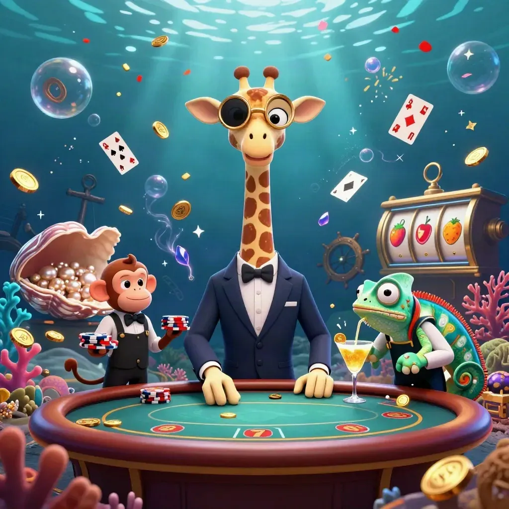 Giraffe, monkey, and chameleon casino scene in an underwater treasure cove with coins, coral, and glowing effects.