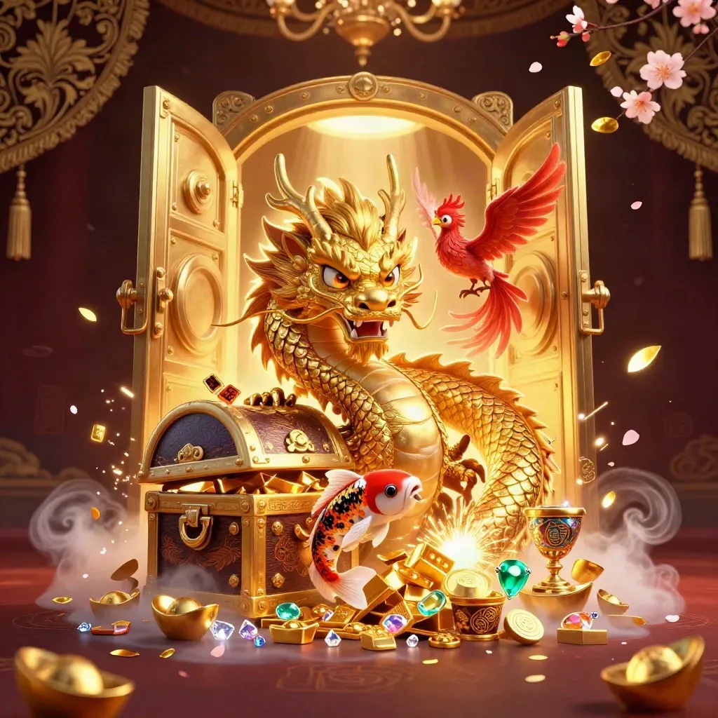 Golden dragon, phoenix and koi bursting from a vault of gold and gems in a luxe casino splash.