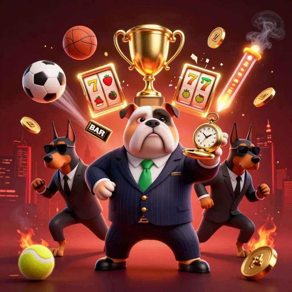 Cartoon mafia bulldog and two Dobermans burst through casino energy with balls, trophy, coins and fire.