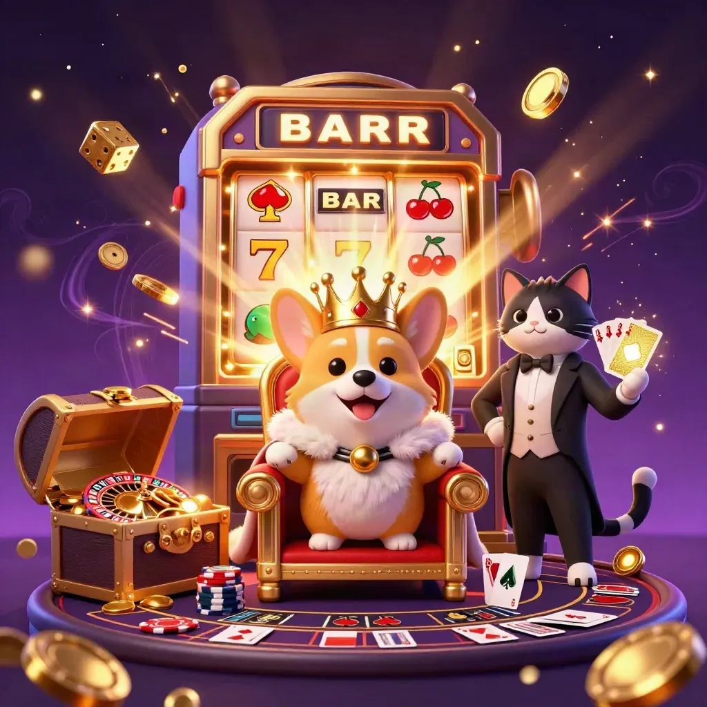 Royal corgi and cat butler amid exploding slot symbols, gold coins, and casino magic.